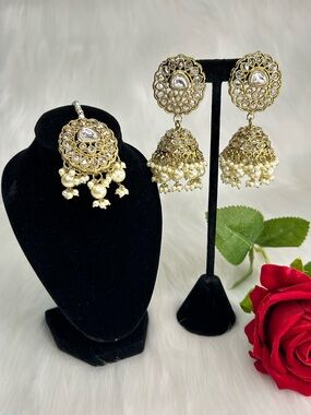 Beautiful Champagne Gold With Pearls Jhumka And Tikka Set